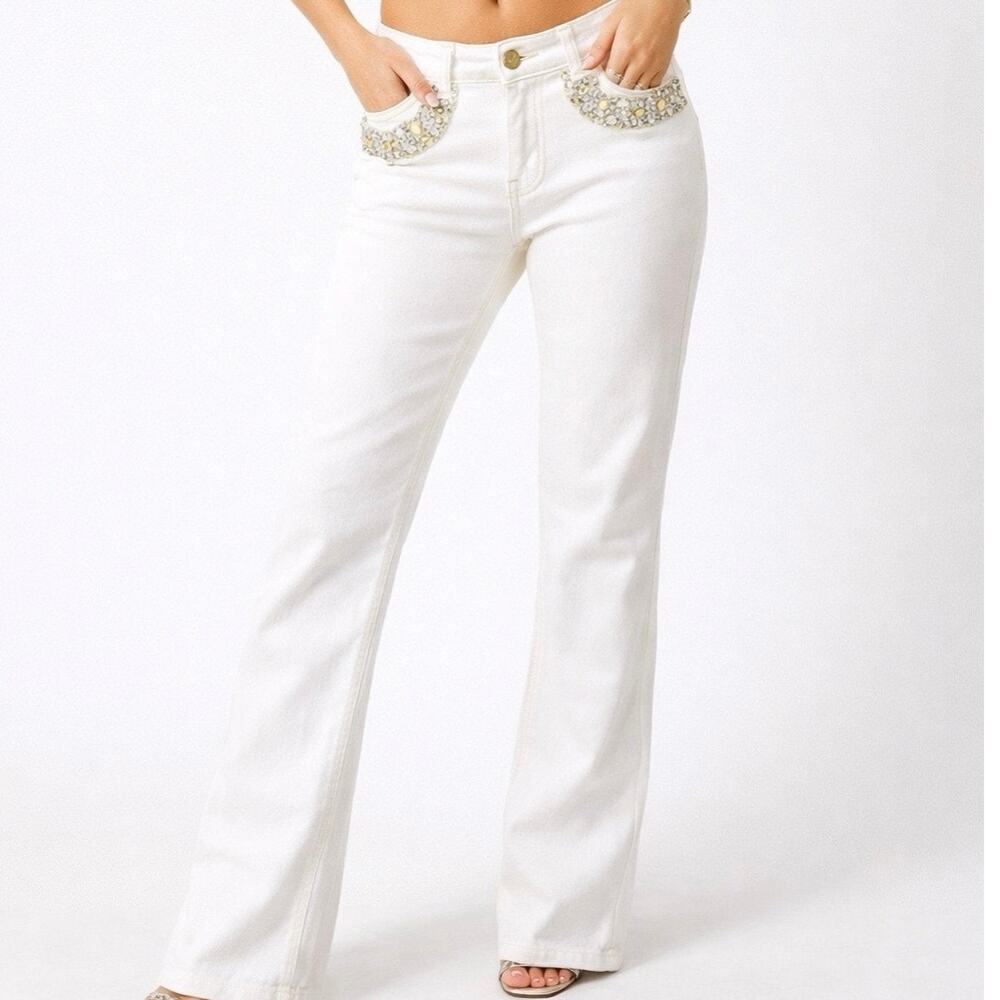 Y2K Embellished White Jeans Rhinestone Studded Low Rise‎ Bootcut Size 6 NWT